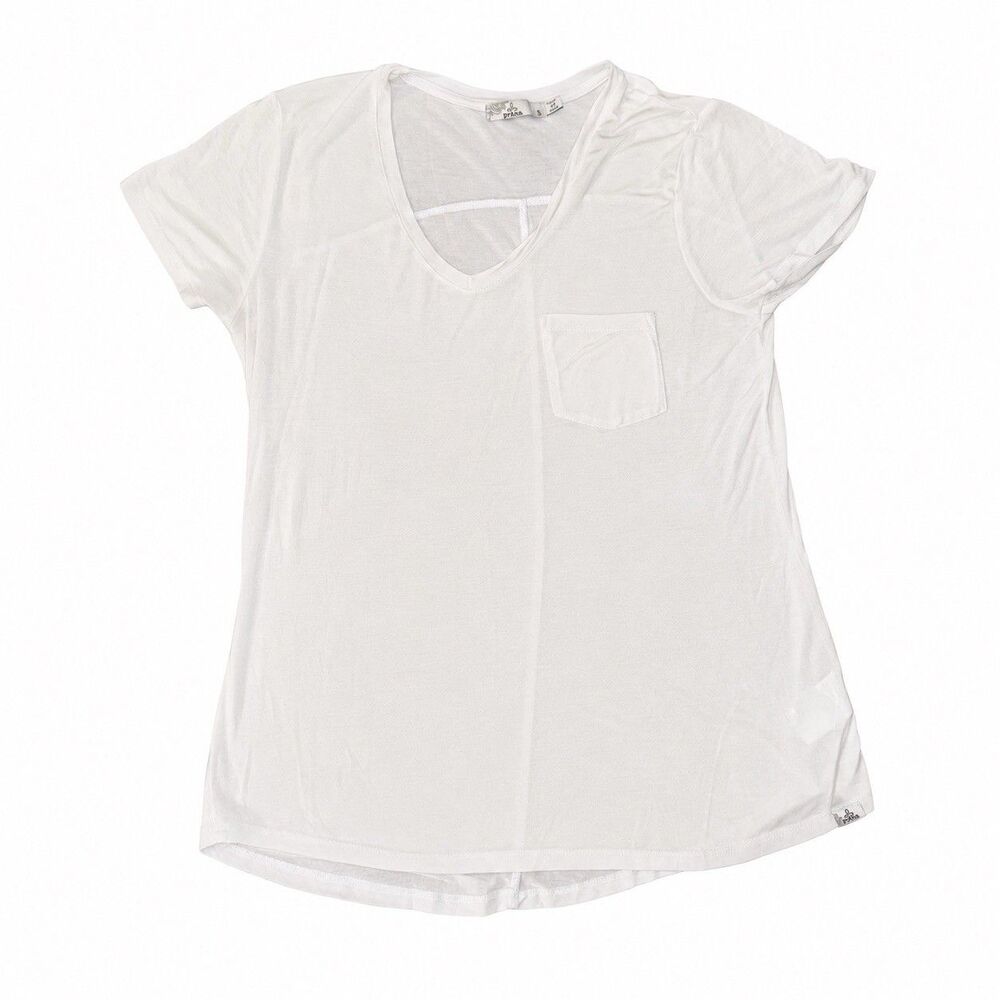 prAna Women’s Small White Modal Stretch V-Neck Pocket T-Shirt Lightweight - Picture 2 of 6